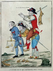 Französische Revolution: „Ich wusste, dass wir an die Reihe kommen würden“. Karikatur, die den Dritten Stand auf dem Rücken der beiden Stände (Klerus und Adel) darstellt. Stich aus dem 18. Jahrhundert. Paris, Musée Carnavalet