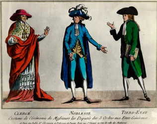Französische Revolution: Darstellung der Abgeordneten der drei Stände bei den Generalständen in zeremonieller Kleidung: der Klerus, der Adel und der dritte Stand (Dritte Stände). Druck vom Ende des 18. Jahrhunderts, Privatsammlung