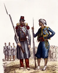 Französische Militäruniform: Links eine Fremdenlegion, die 1831 nach Algerien entsandt wurde. Rechts indigene Reiter, die 1841 nach Algerien entsandt wurden. In L