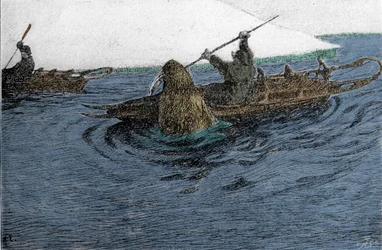 Fridtjof Nansen (1861-1930), norwegischer Entdecker, von einem Walross während der Nordpolexpedition 1896 angegriffen. Er trägt den Schlitten auf dem Kajak. Gravur aus dem 19. Jahrhundert.
