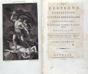 Frontispiz und Titelseite des Buches „Les Liaisons dangereuses“ von Choderlos de Laclos, London.