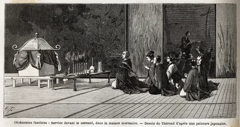 Beerdigungszeremonien: religiöser Dienst vor dem Sarg im Leichenhaus. Gravur zur Illustration der Reise nach Japan 1863-1864, von Aimé Humbert, Minister der Schweizerischen Eidgenossenschaft, in „Le tour du monde, nouveau journal des voyages“