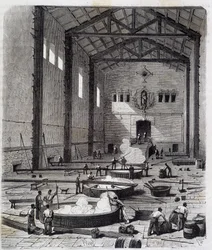 Gesamtansicht des Kesselraums einer Seifenfabrik in Marseille: Betrieb des Impatage - in „Die Wunder der Industrie“ von Louis Figuier, Paris