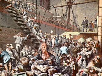 Deutsche Auswanderer nach New York, die 1874 auf einem Hamburger Dampfer einschiffen, Gravur - (Deutsche Emigranten)