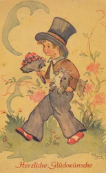 Historische Postkarte mit einem Jungen mit einem Blumenstrauß und einem kleinen Hund, Grußkarte