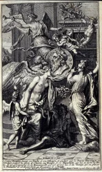 Homers Genie, der seine Ilias und seine Odyssee hält und von heroischer Poesie geführt wird, wird trotz der Bemühungen des Neids in den Tempel der Erinnerung eingeführt, der seine Türen öffnet. Er wird von der Berühmtheit begleitet, die vor ihm fliegt, und