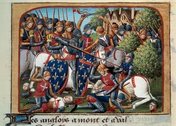 Hundertjähriger Krieg: die Schlacht von Formigny (Calvados) am 15.04.1450 zwischen der englischen Armee von Thomas Kyriell und Jean de Clermont. Miniatur aus dem Manuskript Vigiles du roi Charles VII in den Chroniken von Jean Chartier, herausgegeben von Ma