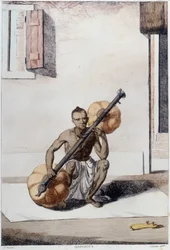 Indische Kultur, Zivilisation und Gesellschaft: Musiker mit traditionellem indischen Saiteninstrument. Gravur von 1808