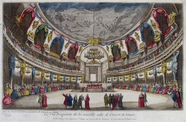 Innenraum eines Konzertsaals in Venedig. Gravur aus dem 18. Jahrhundert.