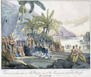 Interview der Expedition von Herrn Kotzebue mit König Tammeamea auf der Insel Ovayhi (Sandwich-Inseln)