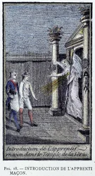 Einführung des Lehrlingsmaurers - nach einer Gravur aus der „Kostbaren Sammlung der Adonhiramitischen Maurerei“ von einem Ritter aller Freimaurerorden