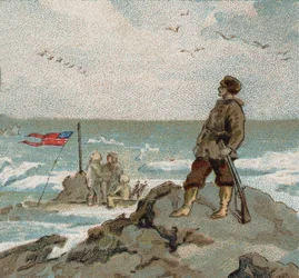 Isaac Israel Hayes (1832-1881) mit der amerikanischen Flagge an den Ufern des Polarmeers. Chromolithographie aus dem späten 19. Jahrhundert.