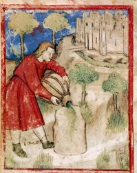 Jakob goss Öl auf den Stein, der ihm als Kissen gedient hatte. Miniatur aus Codex 212 (oder Padovano Codice oder Bibel von Padua) 1390-1400