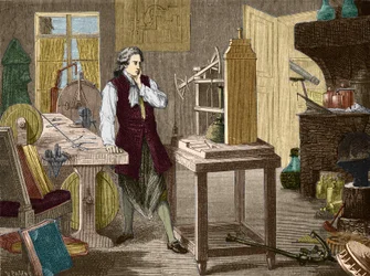 James Watt studiert die Perfektionierung der Newcomen-Maschine (1767) (Dampfmaschine) - in „Album der Wissenschaft; berühmte Wissenschaftler; Große Entdeckungen“ 1896