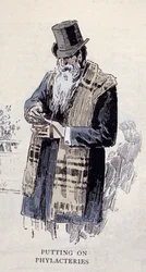Jüdische Religion: ein alter jüdischer Mann trägt den Gebetsmantel (Talit oder Tzitzit), Stich von 1890