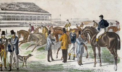 Jockeys und ihre Pferde vor dem Rennen (Gravur, ca. 1850)