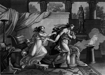 Joseph flieht vor der Frau von Potiphar, die ihn zu verführen sucht. Lithographie des 19. Jahrhunderts
