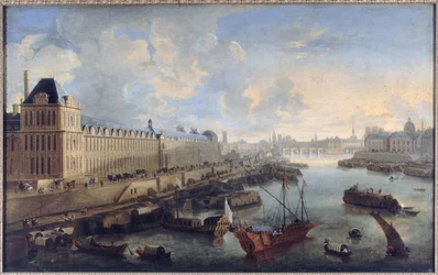 Die Große Galerie des Louvre, die Pont-Neuf, die Cité, das Collège des Quatre-Nations, ca. 1670, auf der Seine die königliche Galeere, heutige 1. und 6. Arrondissements, zwischen 1670 und 1685