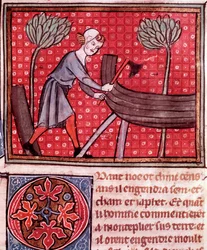 Der Bau der Arche Noah. Detail (illuminierte Seite des Manuskripts „Bible Historiale“ von Guiart Des Moulins 14. Jahrhundert)