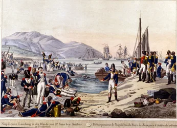 Landung Napoleons I. in Antibes im Jahr 1815. Gravur des 19. Jahrhunderts