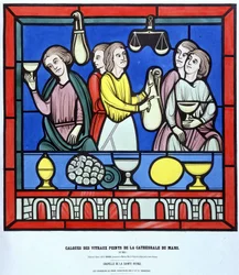 Die Geldwechsler von Le Mans - Faksimile eines Glasfensters der Kathedrale von Le Mans aus dem 13. Jahrhundert. 19. Jahrhundert Schicht.