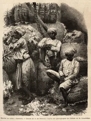 Die Parsi-Arbeiter ruhen sich auf dem Baumwollmarkt von Bombay aus. Gravur zur Illustration der Reise in die südlichen Provinzen Indiens, von Alfred Grandidier, 1862-1864, veröffentlicht in „Le tour du monde“, 1869, herausgegeben von Edouard Charton, Hache
