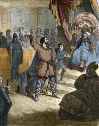 Ludwig IV. von Übersee (921 - 954), König von Frankreich auf dem Konzil (Synode) von Ingelheim in Deutschland 948 vor Otto I. des Heiligen Römischen Reiches (912-973). Gravur in „Histoire De France En Cent Tableaux von Paul Lehugeur“ 1891