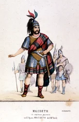 Macbeth-Charakter in einem Kriegerkostüm in der gleichnamigen Oper von Giuseppe Verdi (1813-1901) nach dem Werk von William Shakespeare. 1847. Gravur