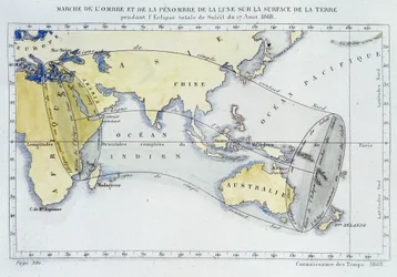 Karte, veröffentlicht vom Bureau of Longitudes, zeigt den Verlauf des Schattens und der Dunkelheit des Mondes auf der Erdoberfläche während der Sonnenfinsternis von 1868