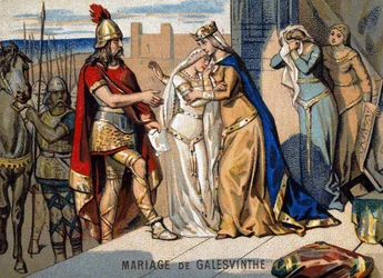 Hochzeit Gailswinthas (567): Gailswinthas Abreise zur Heirat mit Chilperich, dem Anführer der neustrischen Franken. Chromolithografie aus der Reihe „Patriotischer Unterricht durch Bilder“.