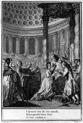 Heirat in der Kirche. „Der Hymen kommt aus seinen Knoten, um ihre Feuer und ihr Vertrauen zu belohnen.“ Französische Gravur des 18. Jahrhunderts.