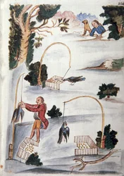 Methode zum Fangen von Vögeln mit dem Lasso, aus dem Buch "Trujillo del Peru" oder "Códice Martínez Compañón", von Baltazar Martinez Compañón y Bujanda, Bischof von Trujillo (1782-1785)