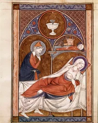 Geburt Christi: die Jungfrau Maria liegt hier auf einem Bett Seite aus dem Manuskript „Psalterium Cum Calendario“ 13. Jahrhundert Padua, Bibliothek des Seminars