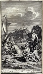 Neptun, empört über die Taten der Griechen, verlässt das Meer, um ihr Lager zu erreichen (Illustration aus Buch XIII der Ilias von Homer)