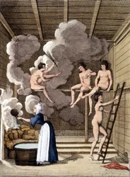 Nackte Personen in einer finnischen Sauna. Der Stich von 1811 ist in einem Buch über die Reise enthalten.