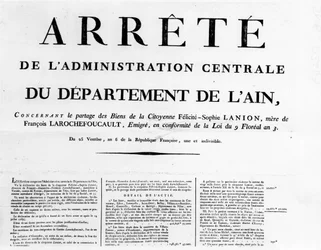 Befehl der Zentralverwaltung des Departements Ain - Familienarchiv Rochefoucauld.