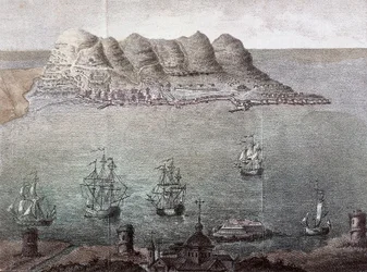 Panoramaansicht von Gibraltar und der Straße von Gibraltar. 19. Jahrhundert. Madrid, Nationalbibliothek.