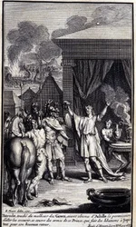 Patroklos, berührt vom Unglück der Griechen, erhält die Erlaubnis von Achilles, sie zu retten, und bedeckt sich mit den Waffen dieses Prinzen, der Jupiter für seine glückliche Rückkehr Libationen darbringt. Illustration aus Buch XVI der Ilias