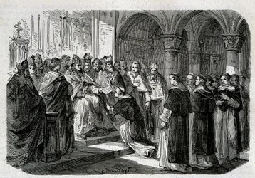 Papst Adrian II. (792-872) übergab einem seiner Legaten eine Exkommunikationsbulle gegen Lord Normand. Gravur - in „Geschichte der Päpste“, sd. 19. Jahrhundert