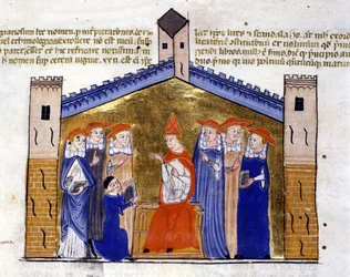 Papst Johannes XXII. von Avignon empfängt vom Autor den Apparat Clemens