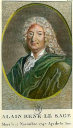Porträt von Alain René Lesage (Alain-René Le Sage) (1668-1747) französischer Schriftsteller. Gravur des 18. Jahrhunderts. Private Sammlung