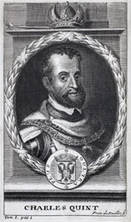 Porträt von Karl V. (1500-1558), König von Spanien und Spanisch-Amerika, König von Sizilien und Kaiser des Heiligen Römischen Reiches Deutscher Nation (1519-1556). Gravur zur Illustration der 
