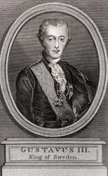 Porträt von Gustav III. (1746-1792), König von Schweden von 1771 bis 1792. Gravur von 1787. Sammlung „Soldaten von einst“