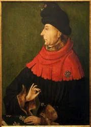 Porträt von Jean Sans peur, Herzog von Burgund (1371-1419). Der Ring, den er in der Hand hält, ist der Rubin von Burgund, den Philipp der Kühne 1397 gekauft hat und der in der Abtei Saint Benigne in Dijon aufbewahrt wurde und jedem neuen Herzog vom Abt übe