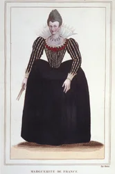 Porträt von Margarete von Valois, bekannt als Königin Margot (1553 - 1615), Königin von Navarra, erste Ehefrau von Heinrich IV. Gravur von 1830