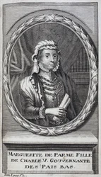 Porträt von Margarita von Parma (oder Margarita von Österreich) (1522-1586), Herzogin von Parma und Piacenza, uneheliche Tochter von Karl V. (1500-1558) und Statthalterin der Niederlande (1559-1581). Gravur zur Illustration der 