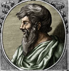 Porträt des Pythagoras (ca. 570 - um 480 v. Chr.), griechischer Mathematiker und Philosoph. Kupferstich aus dem 18. Jahrhundert