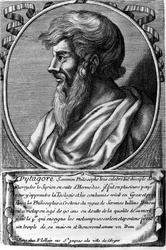 Porträt von Pythagoras (ca. 570 - ca. 480 v. Chr.), griechischer Mathematiker und Philosoph. Gravur des 18. Jahrhunderts.