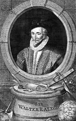 Porträt von Sir Walter Raleigh (1554 - 1618), englischer Höfling, Navigator und Schriftsteller. Gravur aus dem 18. Jahrhundert.