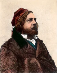 Porträt von Theophile Gautier (1811 - 1872), französischer Dichter, Romanautor und Kunstkritiker. Gravur des 19. Jahrhunderts. Private Sammlung